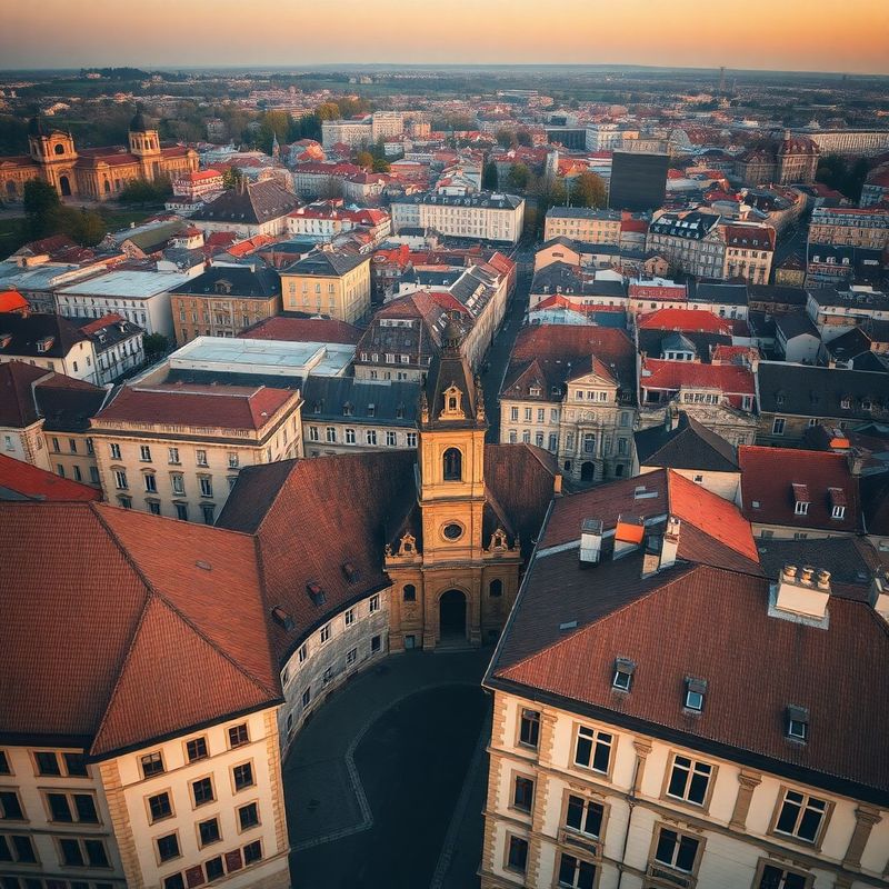 Vedere aeriană a centrului istoric din Cluj-Napoca la ora de aur