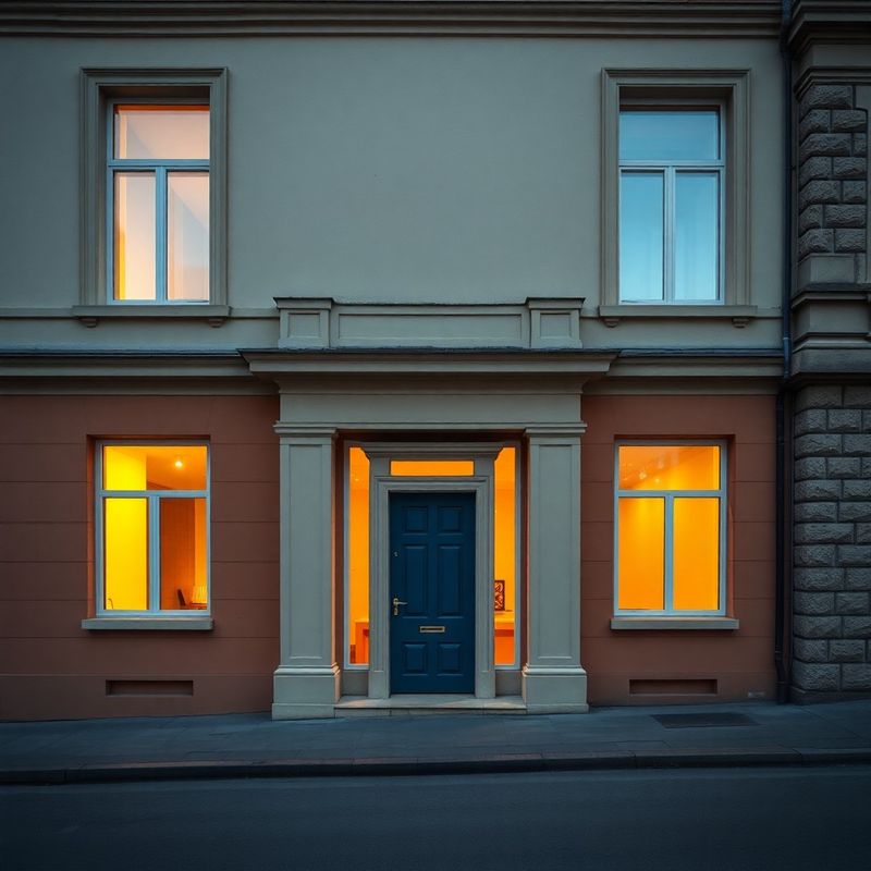 Fațadă neoclasică pe o stradă liniștită din Cluj-Napoca la apus, cu ușă ink-blue