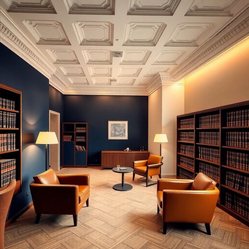 Interior al biroului de consultanță patrimonială, cu accente ink-blue și ocru cald
