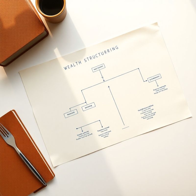 Diagramă de structurare patrimonială desenată cu linii ink-blue pe hârtie crem
