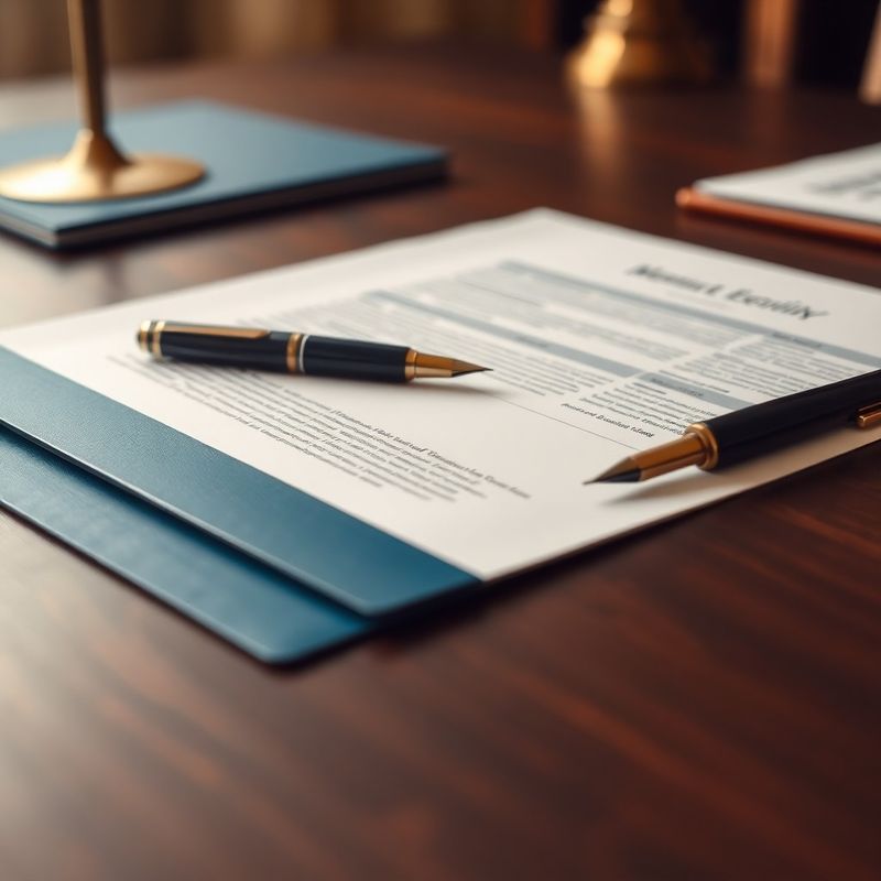Document juridic structurat pe un birou de lemn închis cu stilou și dosar ink-blue